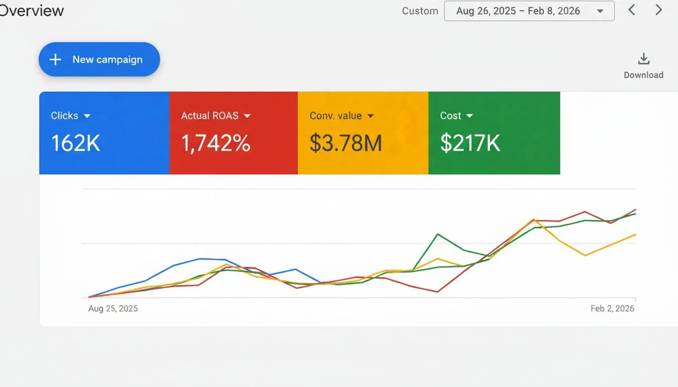 Google Ads results: 1,742% ROAS · $3.78M Conversion Value